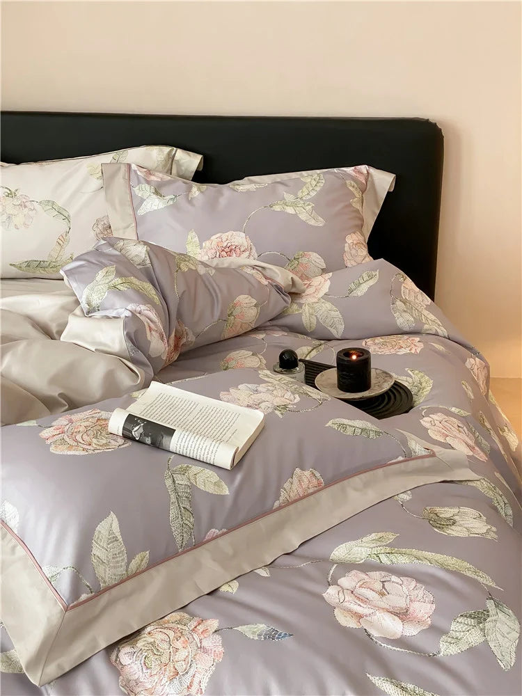 4-Piece Bedding Set Cotton Satin Watercolor Rose Concealed Zipper