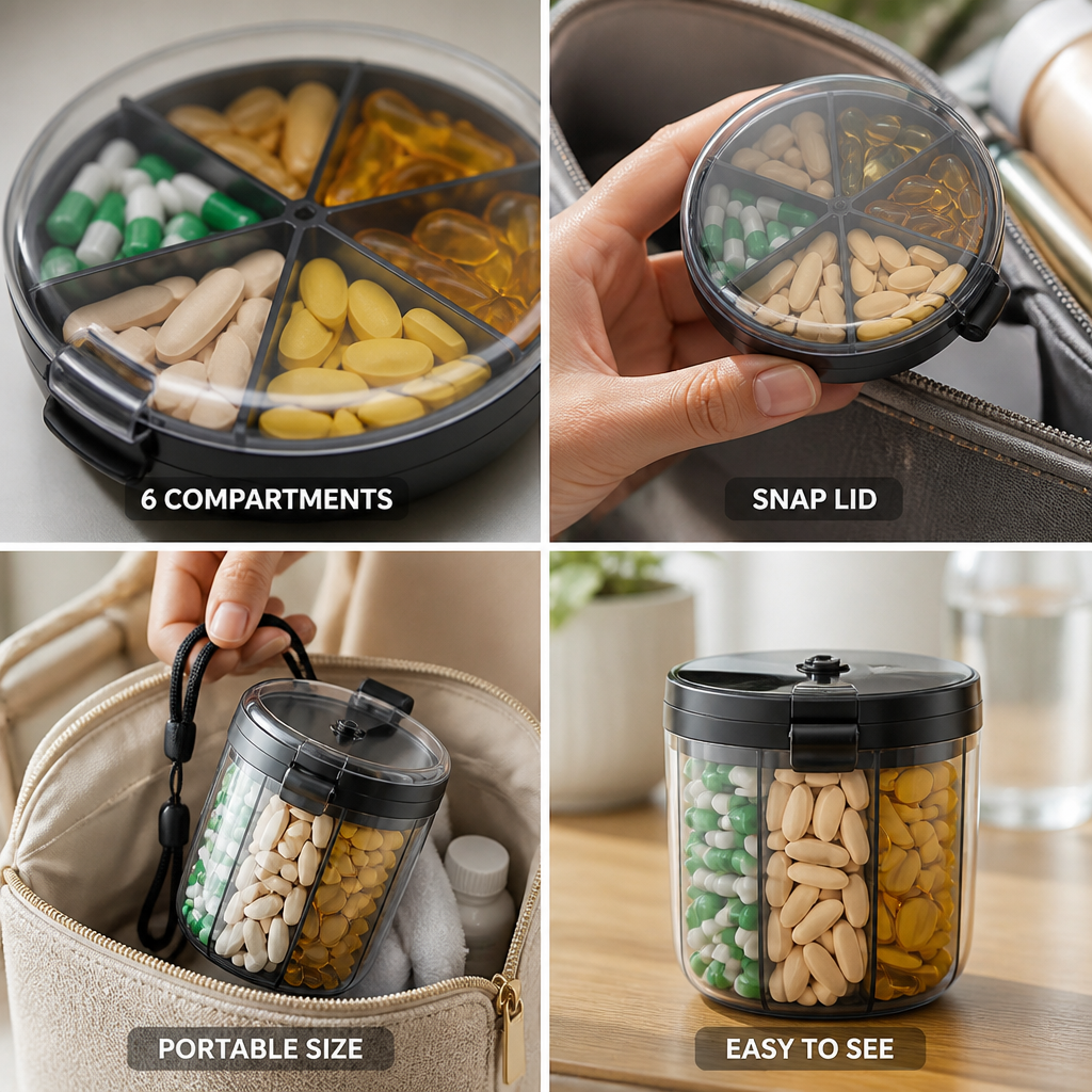 6-Compartment Transparent Snap-Lid Pill Organizer (Travel Size)