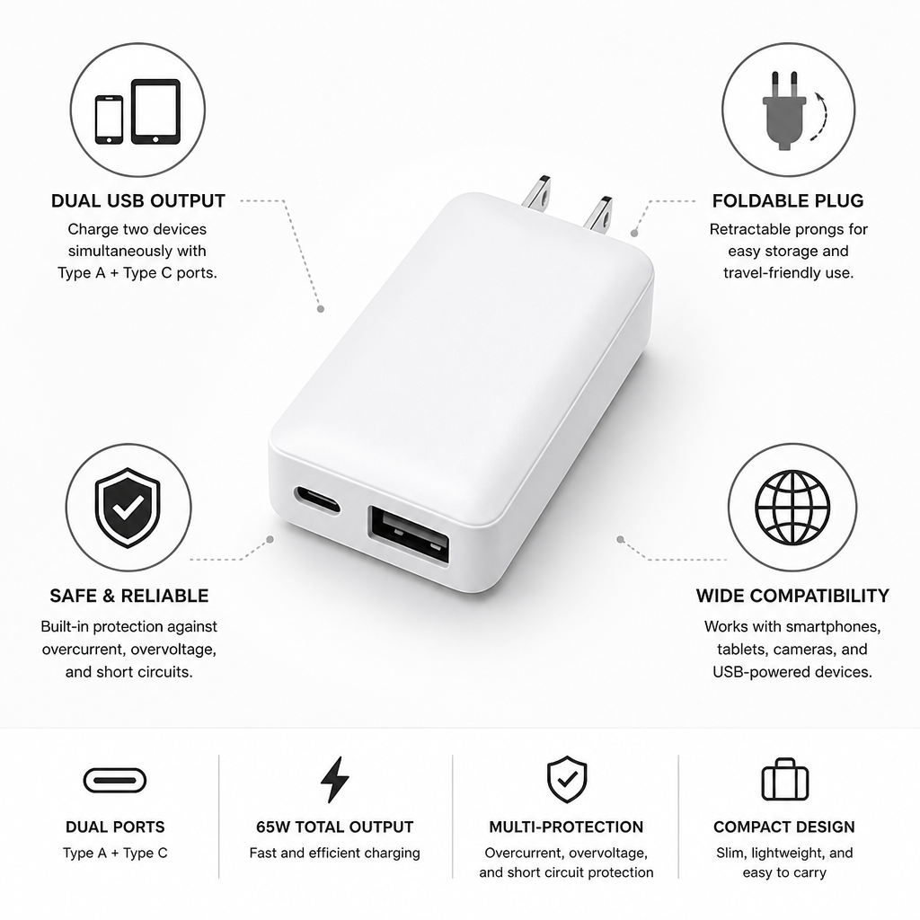 65W Fast-Charging Dual-Port USB Wall Charger (Type A + C)