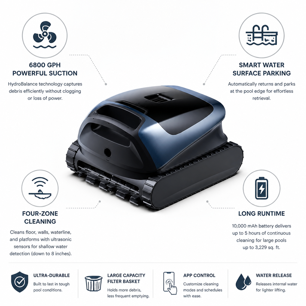 6800 GPH Suction 4-Zone Robotic Pool Vacuum