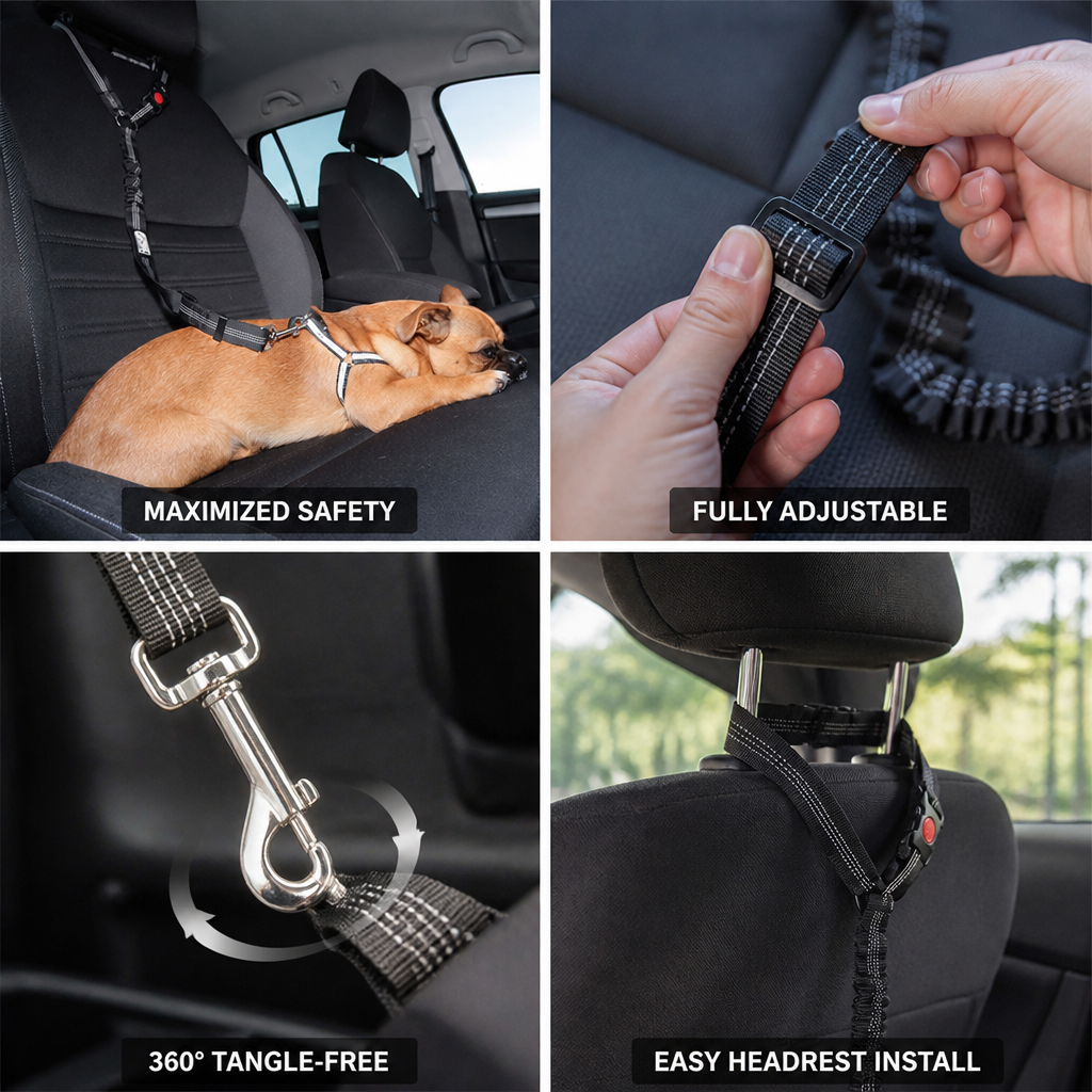 Adjustable & 360° Swivel Dog Car Seat Belt (Headrest Attachment)