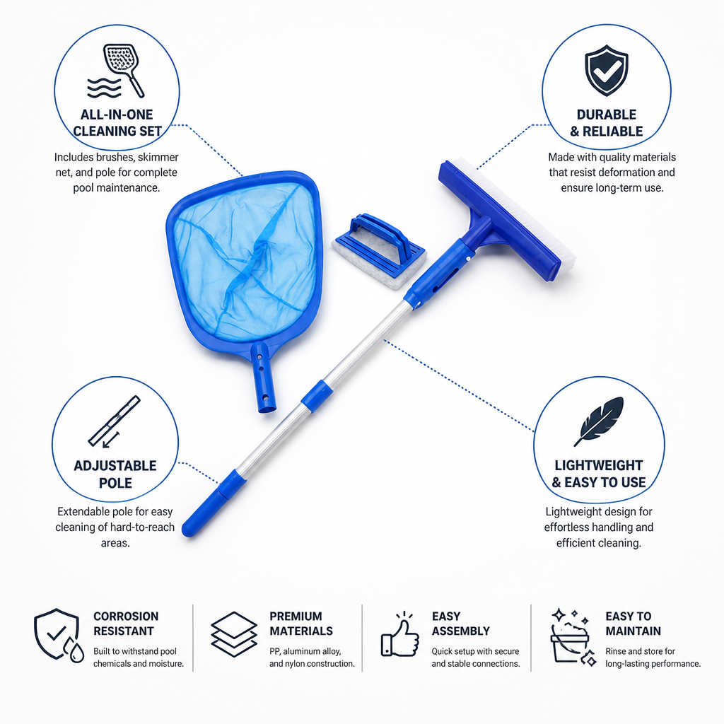 Adjustable Aluminum Pole Pool Cleaning Kit (Skimmer & Brushes)