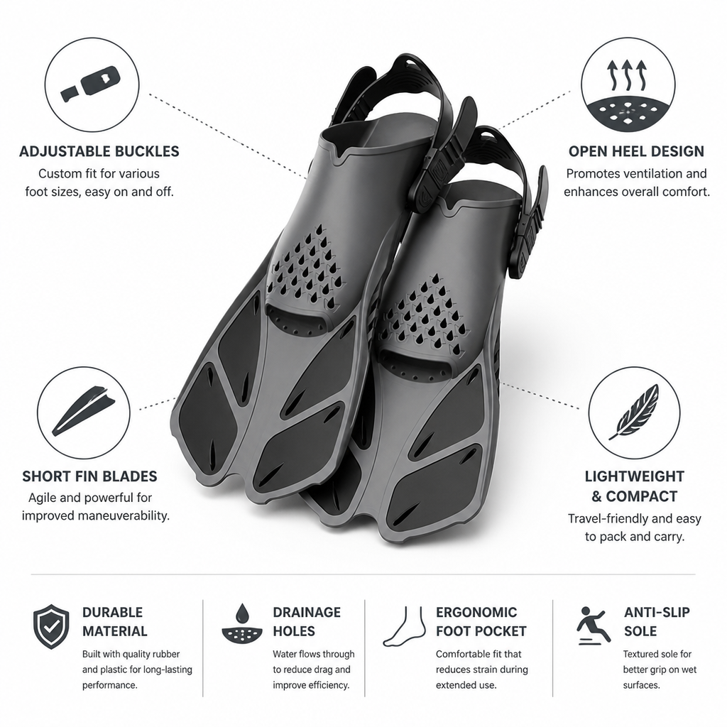 Adjustable Buckles Open Heel Short Snorkel Fins