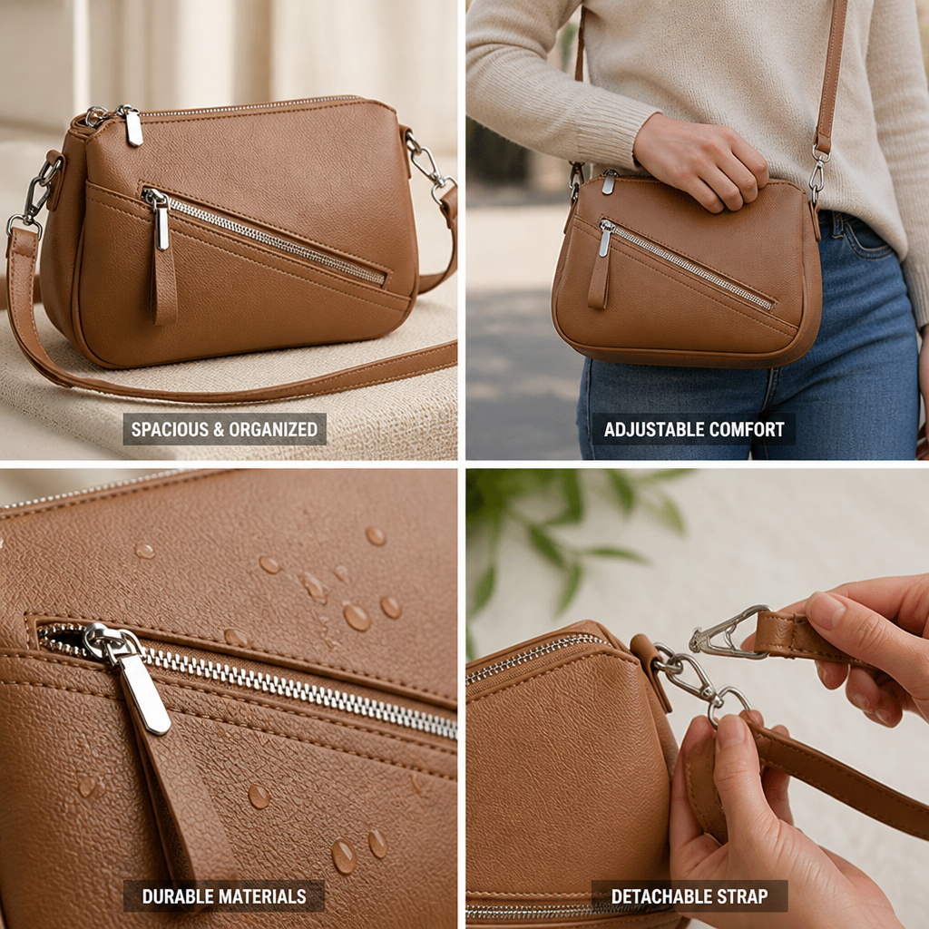 Adjustable Detachable Strap & Multi-Pocket Crossbody Satchel