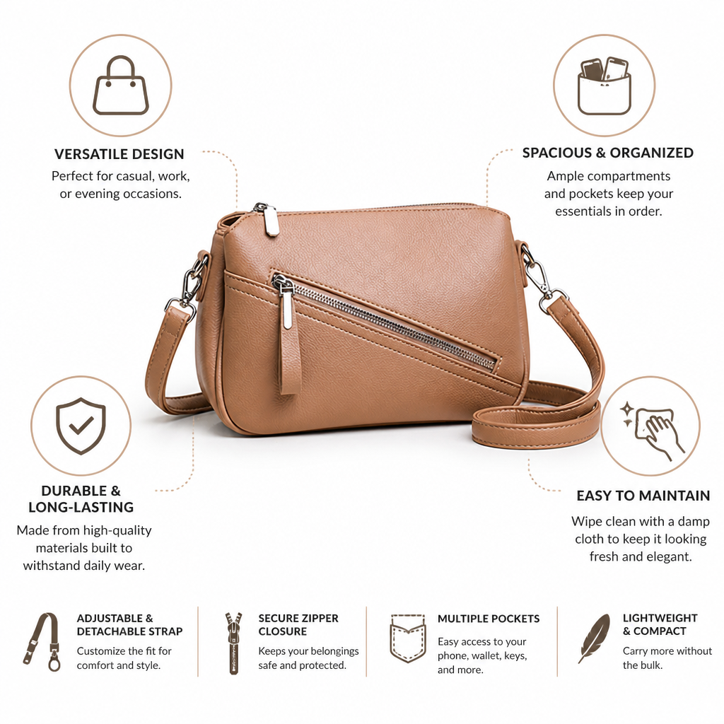 Adjustable Detachable Strap & Multi-Pocket Crossbody Satchel
