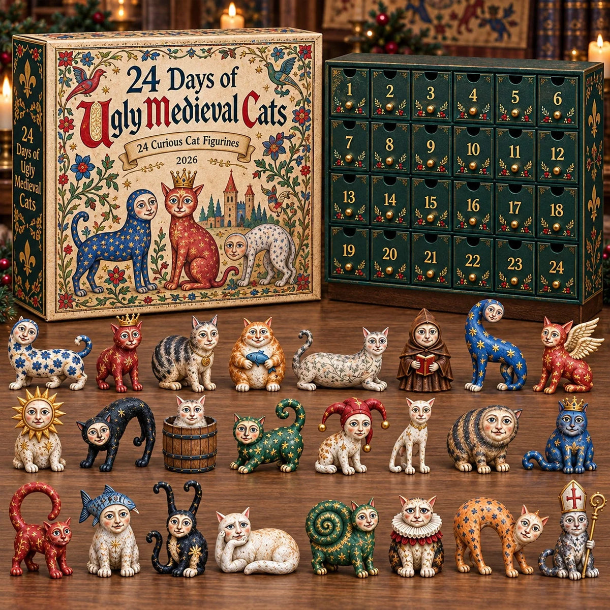 Advent Calendar 24 Acrylic Cat Ornaments Medieval Artwork