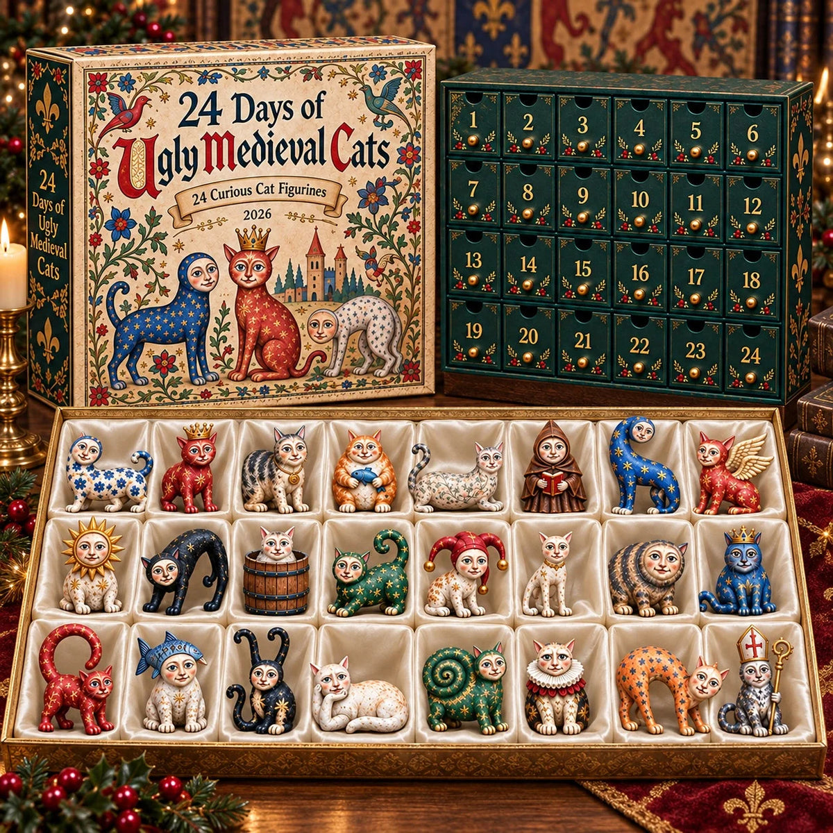 Advent Calendar 24 Acrylic Cat Ornaments Medieval Artwork