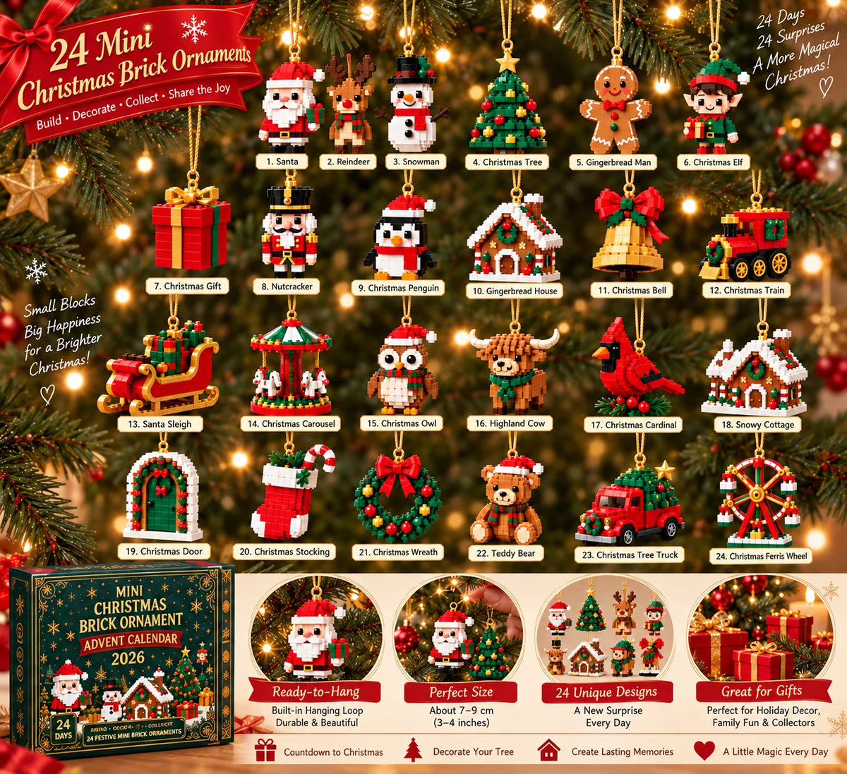 Advent Calendar Buildable Brick Ornaments 24-Day Countdown