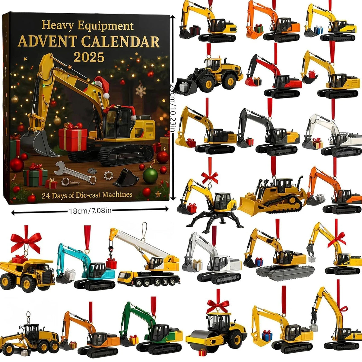 Advent Calendar Construction Vehicles 24 Shatter-Resistant Ornaments