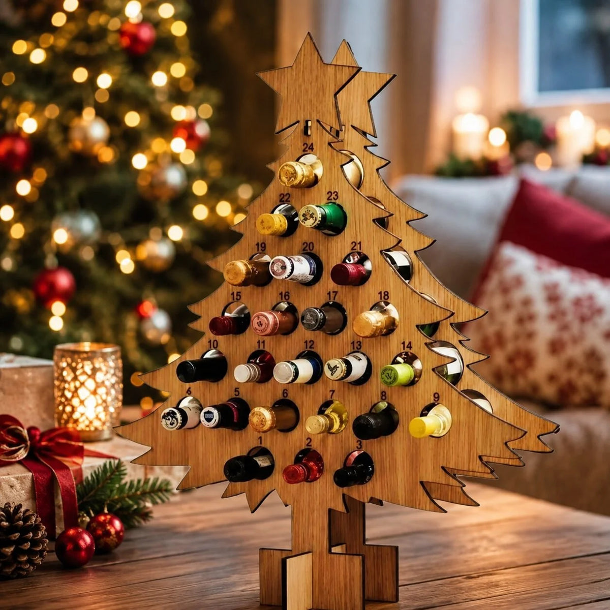 Advent Calendar Holder Wooden 24-Slot Bottle Display
