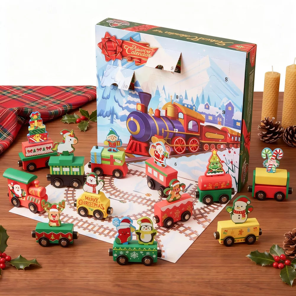 Advent Calendar Wooden Train 12 Magnetic Cars Friction-Powered
