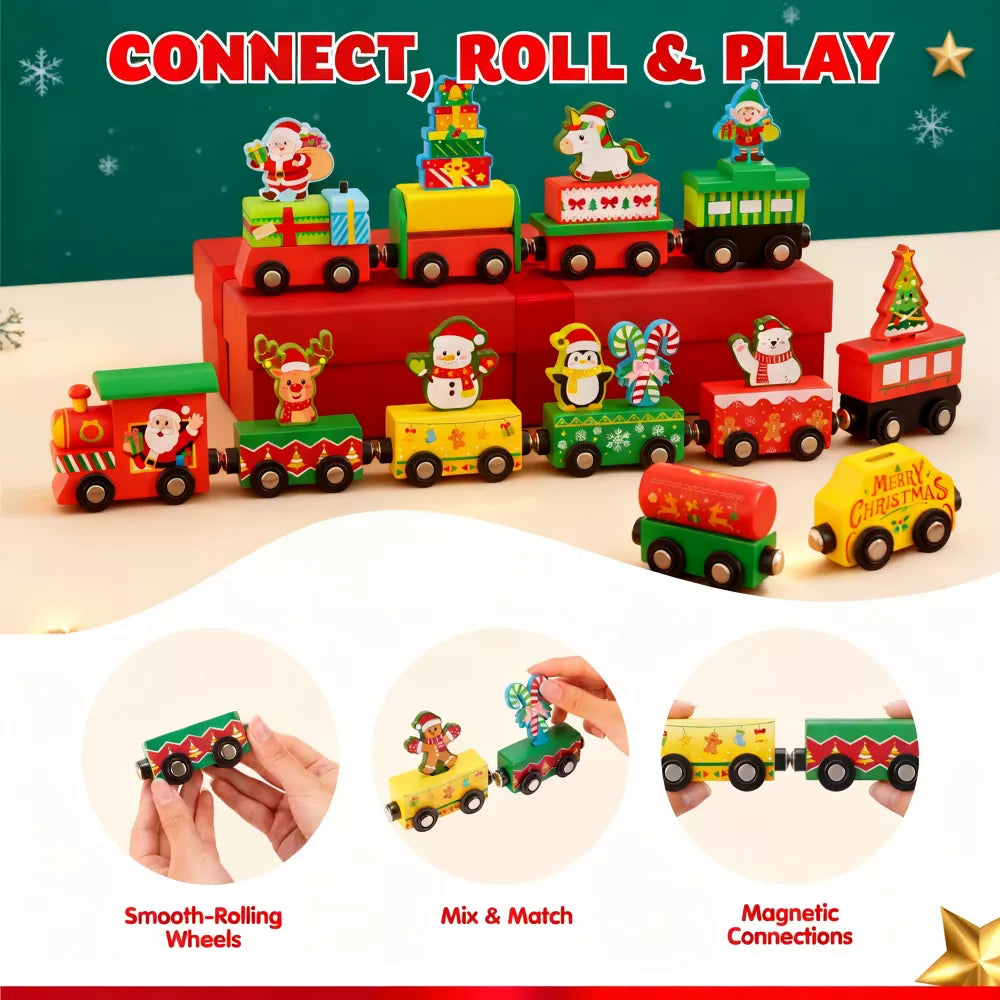 Advent Calendar Wooden Train 12 Magnetic Cars Friction-Powered