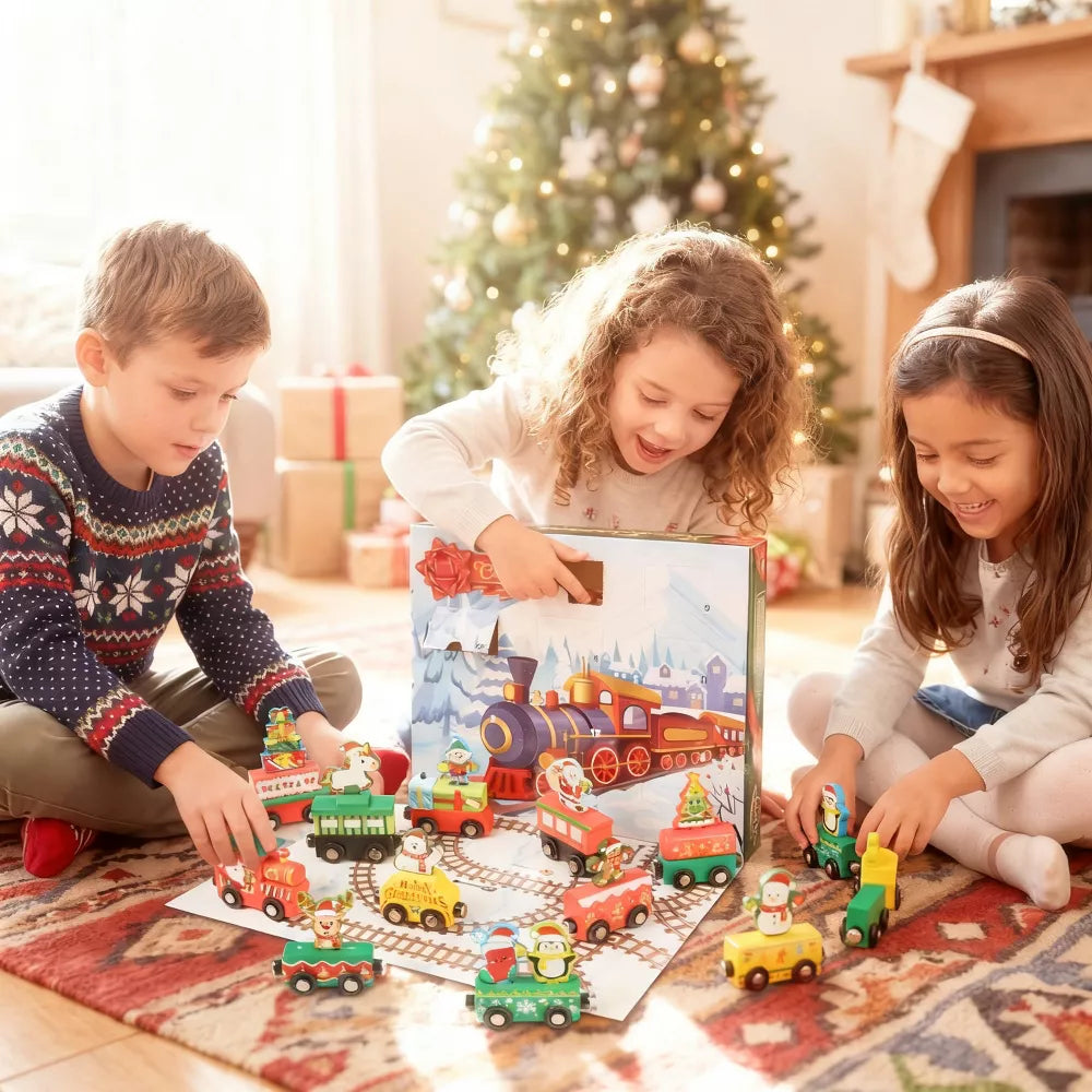 Advent Calendar Wooden Train 12 Magnetic Cars Friction-Powered