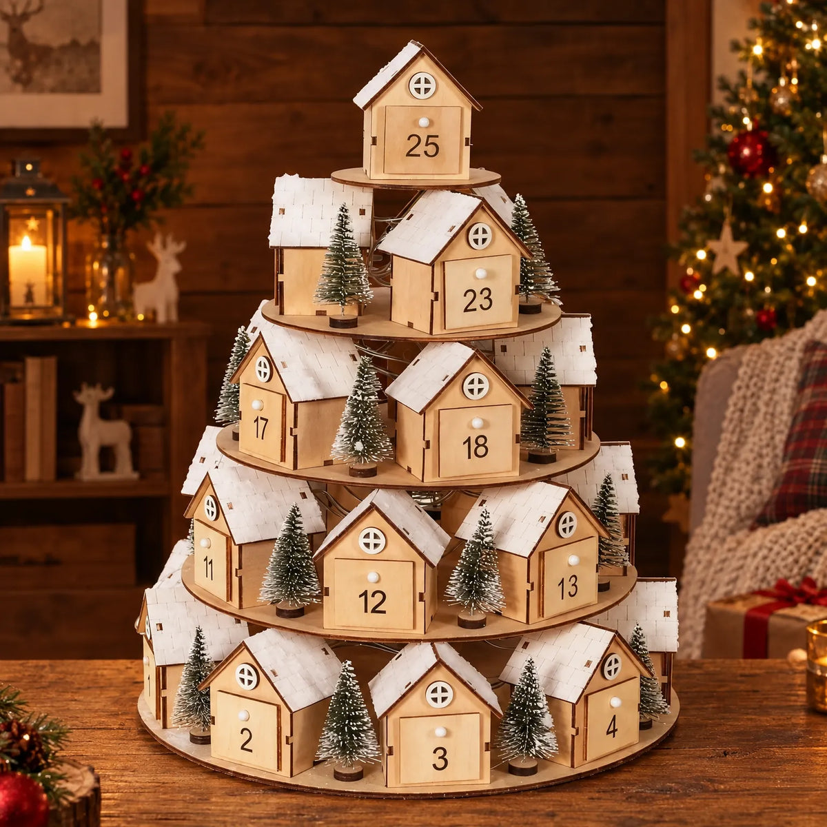 Advent Calendar Wooden Village 25 Numbered Drawers