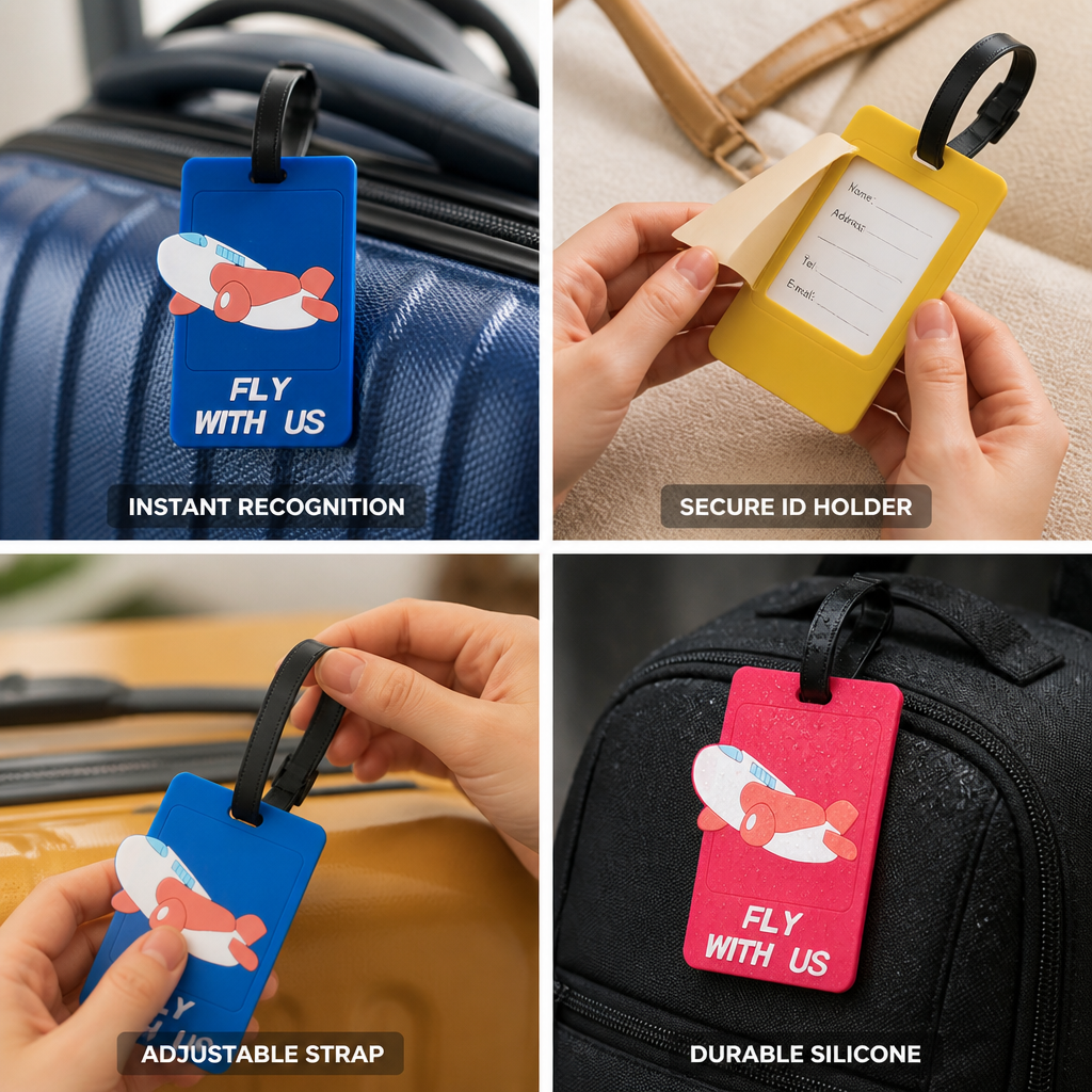 Airplane Design Silicone Luggage Tag (Secure ID Holder & Adjustable Strap)