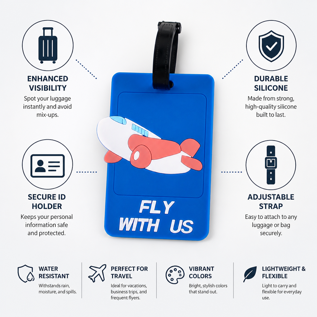 Airplane Design Silicone Luggage Tag (Secure ID Holder & Adjustable Strap)