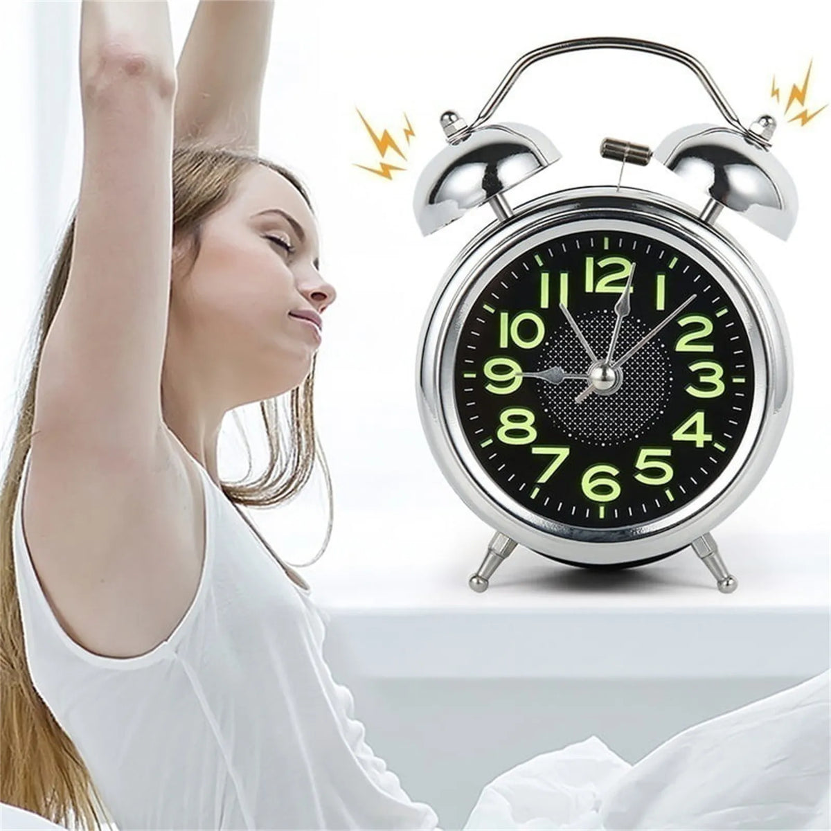 Alarm Clock Twin Bell Silent Quartz Night Light Luminous Dial