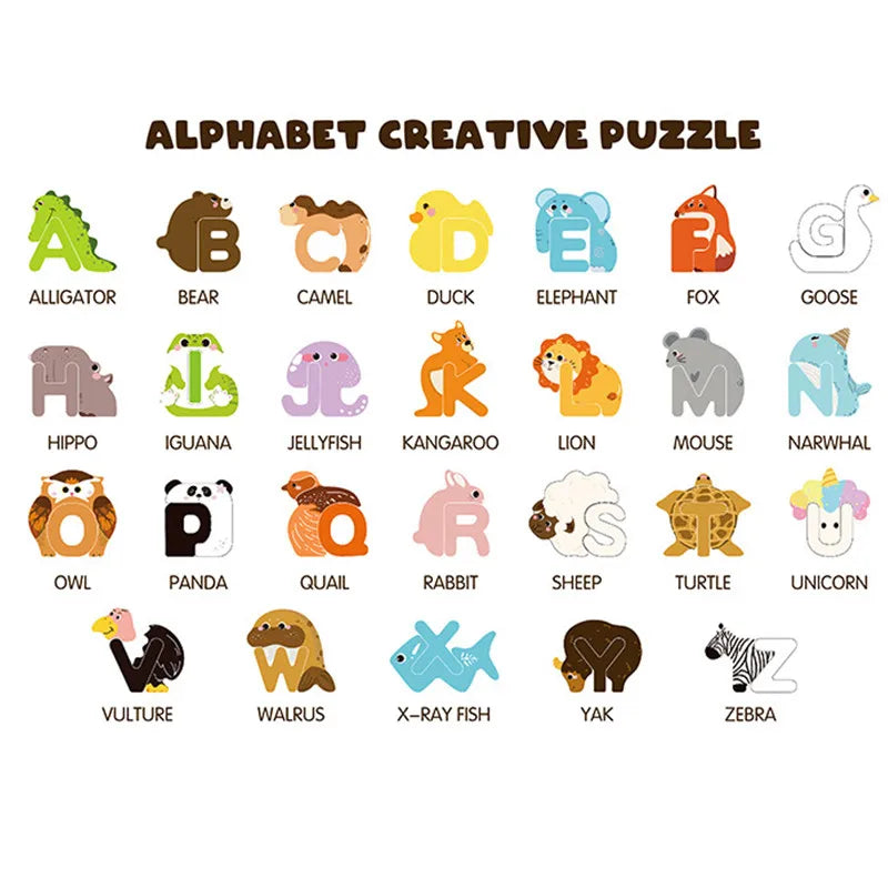 Alphabet Puzzle Wooden Animal-Shaped Set of 26