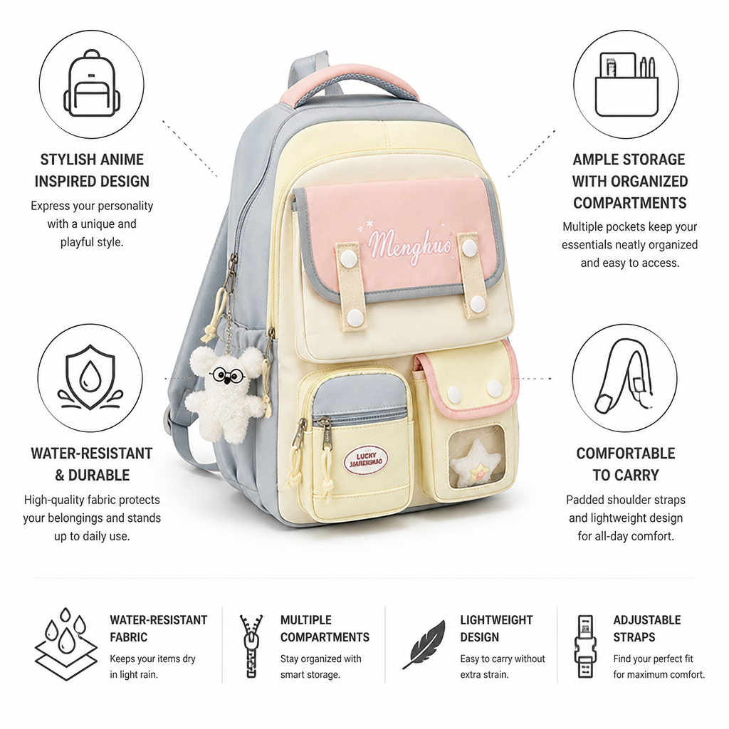 Anime-Inspired Water-Resistant Multi-Compartment School Backpack