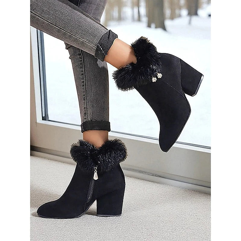 Ankle Boots Side Zip & Plush Collar Block Heel