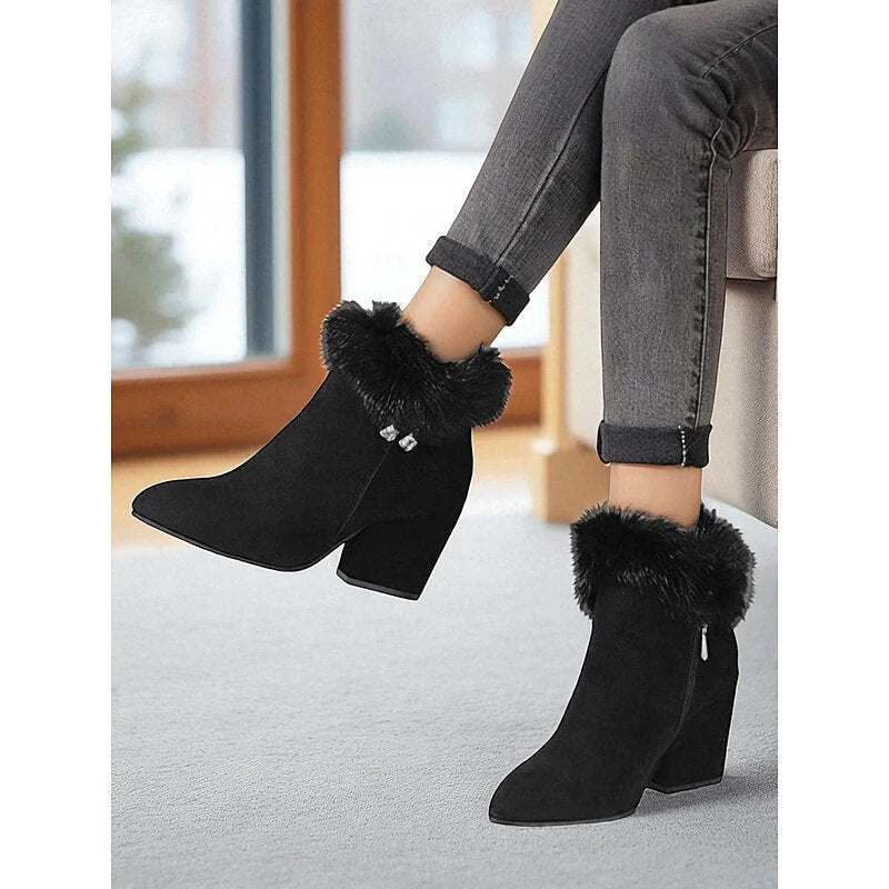 Ankle Boots Side Zip & Plush Collar Block Heel