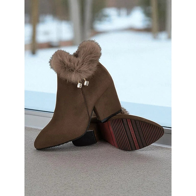 Ankle Boots Side Zip & Plush Collar Block Heel