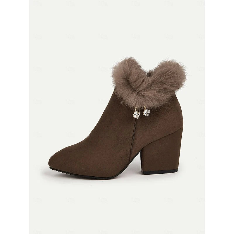 Ankle Boots Side Zip & Plush Collar Block Heel