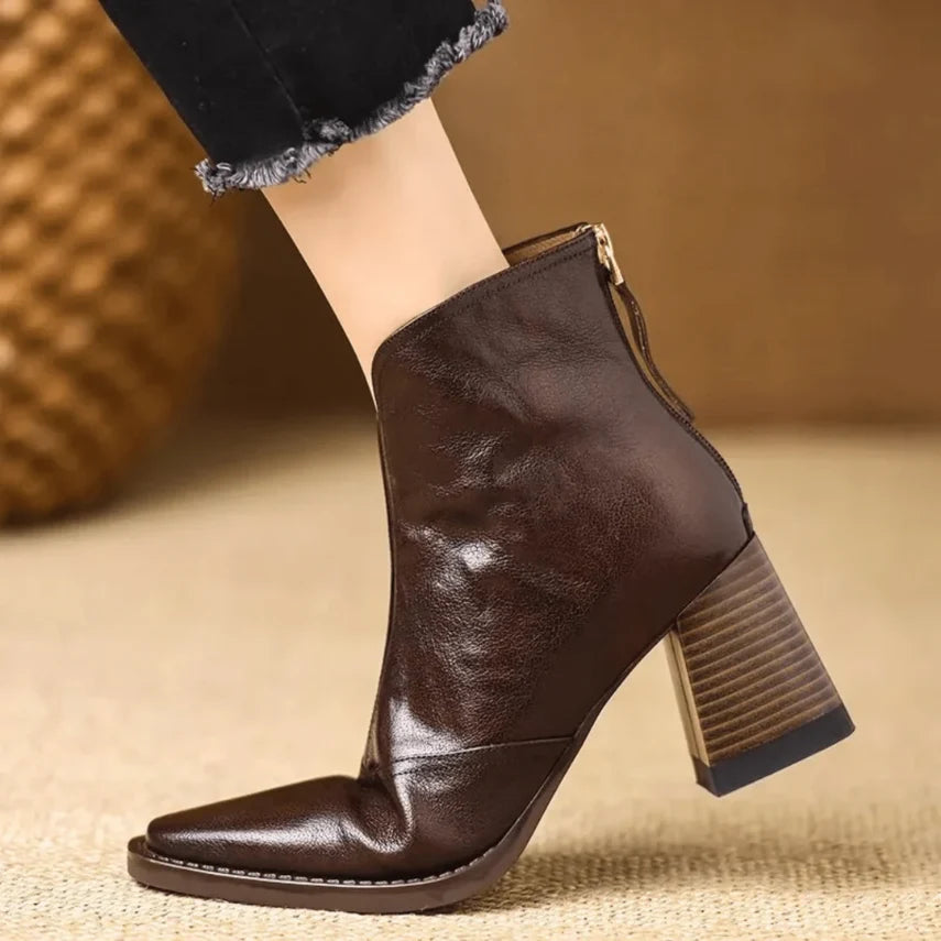Ankle Boots Smooth Leather V-Cut Opening Wide Stacked Heel