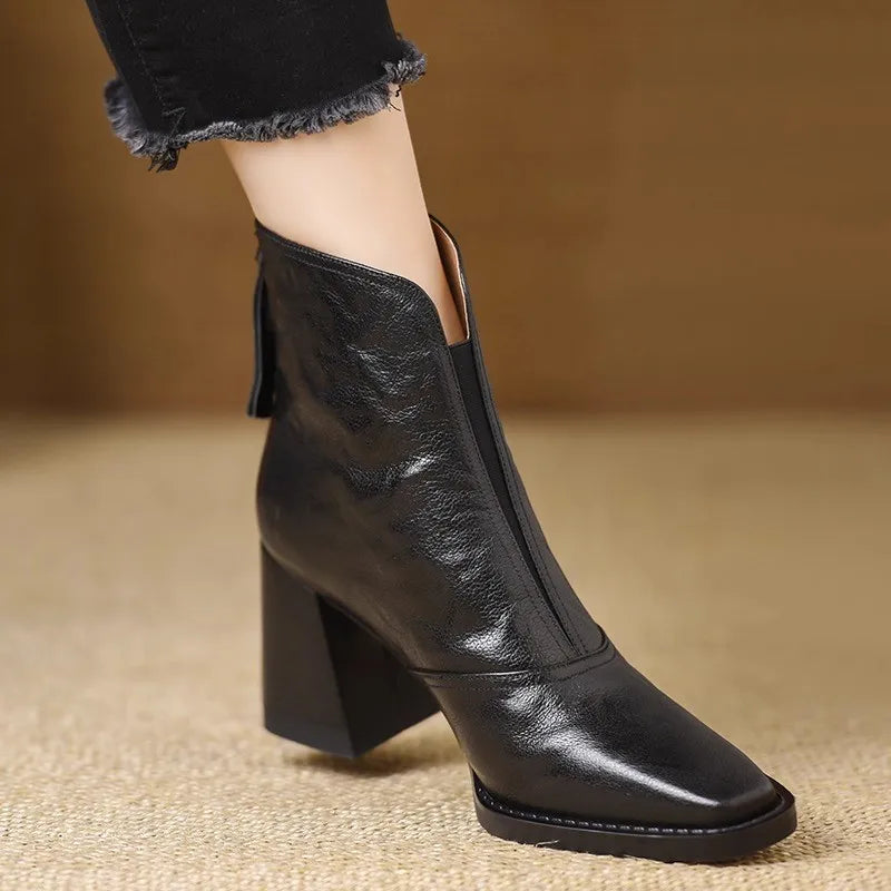 Ankle Boots Smooth Leather V-Cut Opening Wide Stacked Heel
