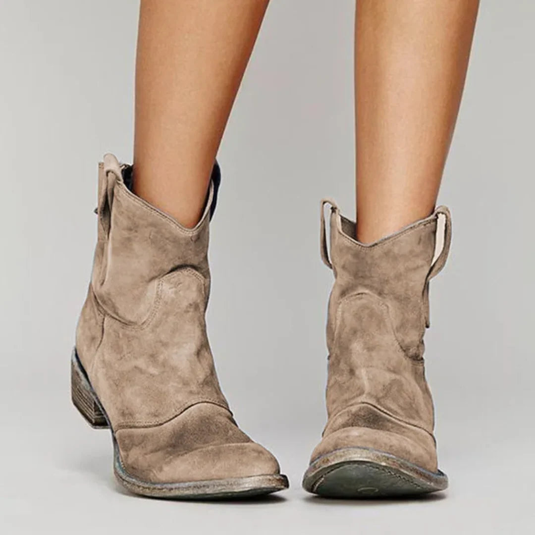 Ankle Boots Western Pull-On Rounded Toe & Low Block Heel