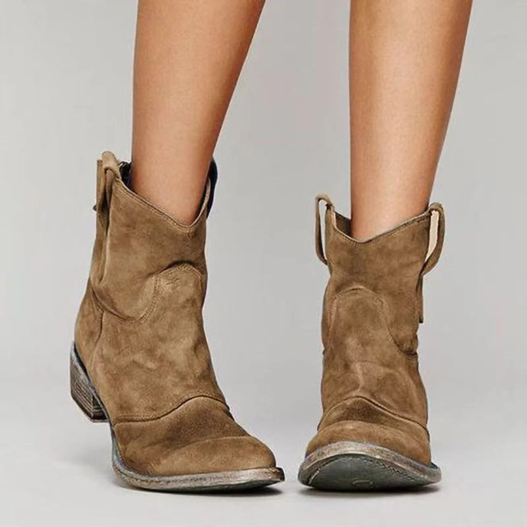 Ankle Boots Western Pull-On Rounded Toe & Low Block Heel