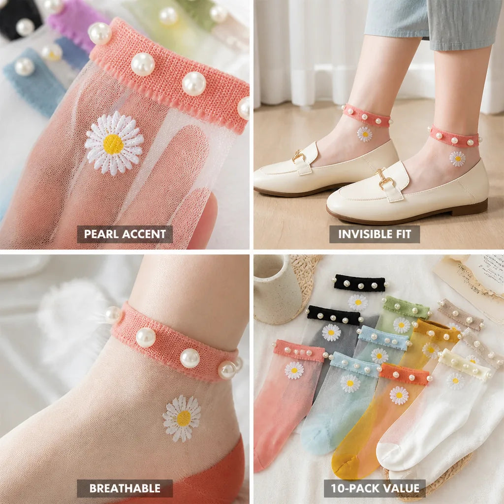 Ankle Socks Pearl-Embellished Ultra-Thin Set of 10