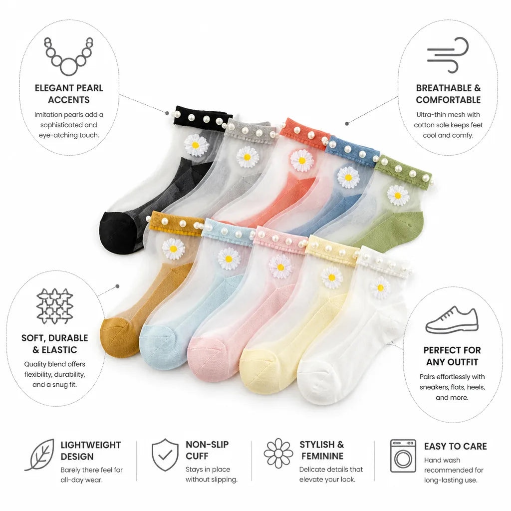 Ankle Socks Pearl-Embellished Ultra-Thin Set of 10