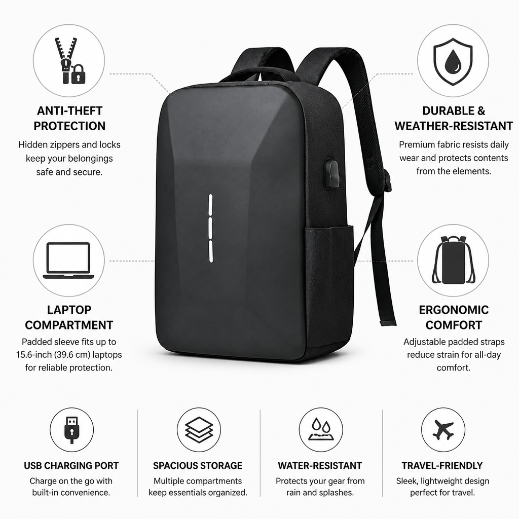 Anti-Theft Hidden Zippers & Locks Backpack (Fits 15.6in Laptop)