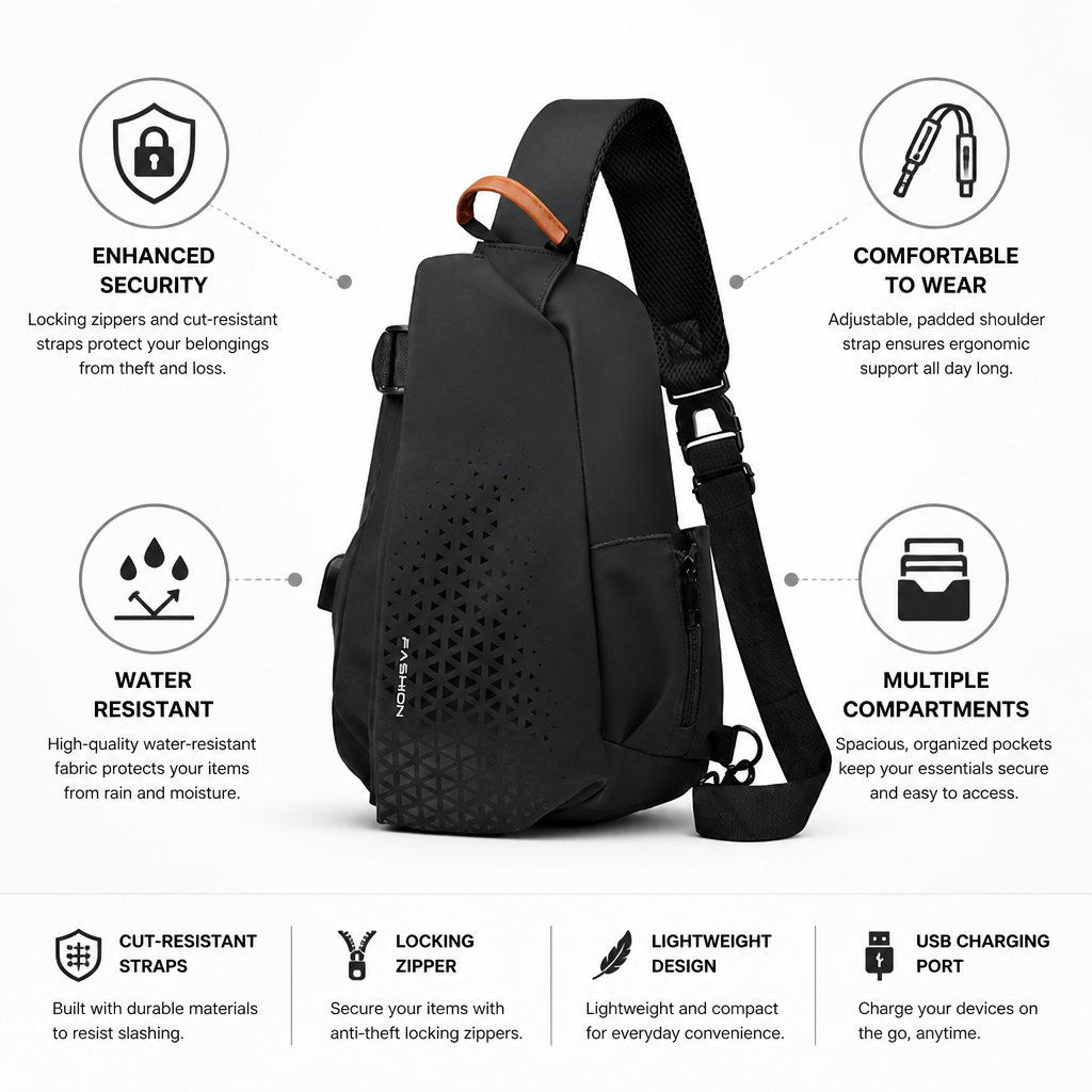 Anti-Theft Locking Zipper Sling Backpack (Cut-Resistant Strap)