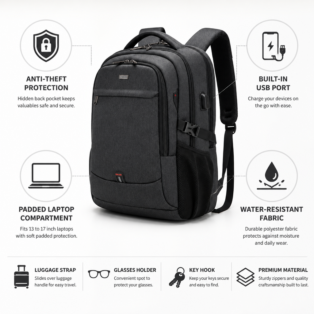 Anti-Theft USB Charging Water-Resistant Laptop Backpack (Fits 13–17 Inch Laptops)