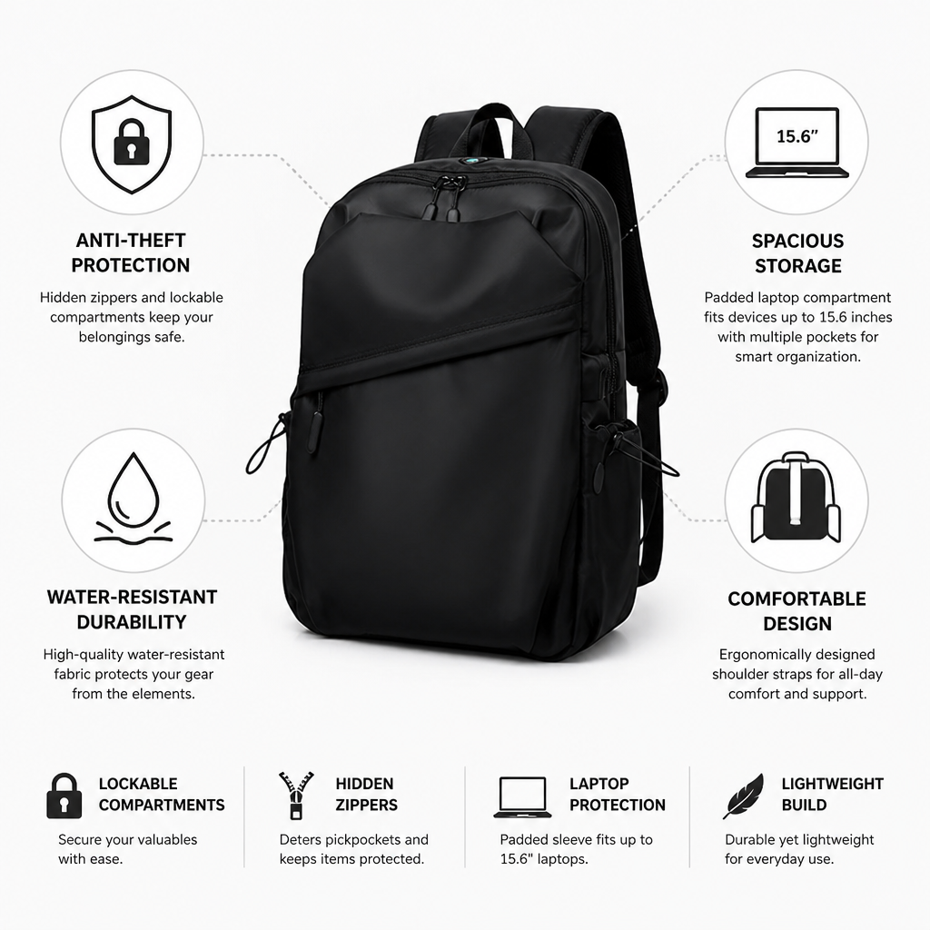 Anti-Theft Water-Resistant Backpack (Fits 15.6" Laptop)