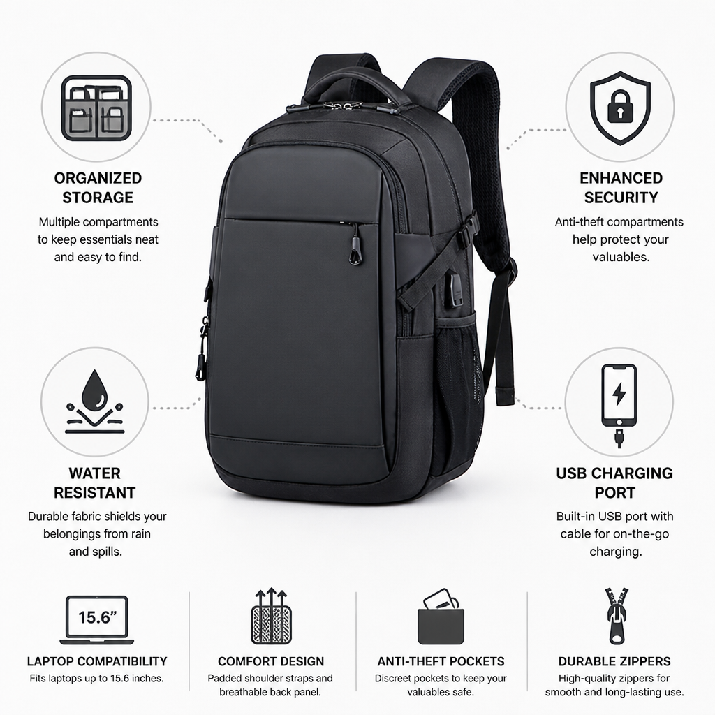 Anti-Theft & Water-Resistant Laptop Backpack (Fits 15.6 in Laptop)