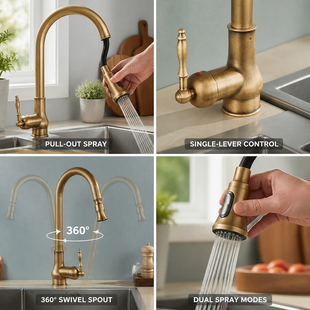 Antique Brass Pull-Out Single-Lever Kitchen Faucet