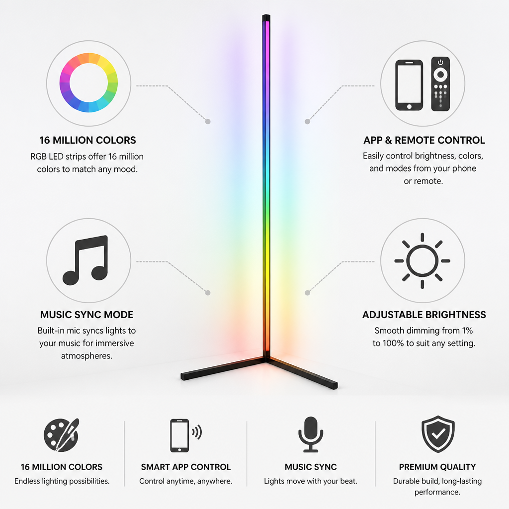 App-Controlled RGB Music-Sync Corner Floor Lamp (155 cm)