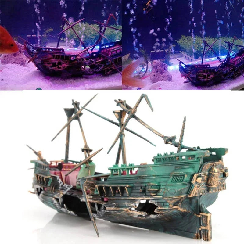 Aquarium Decoration Sunken Boat Air Tubing & Swim Openings