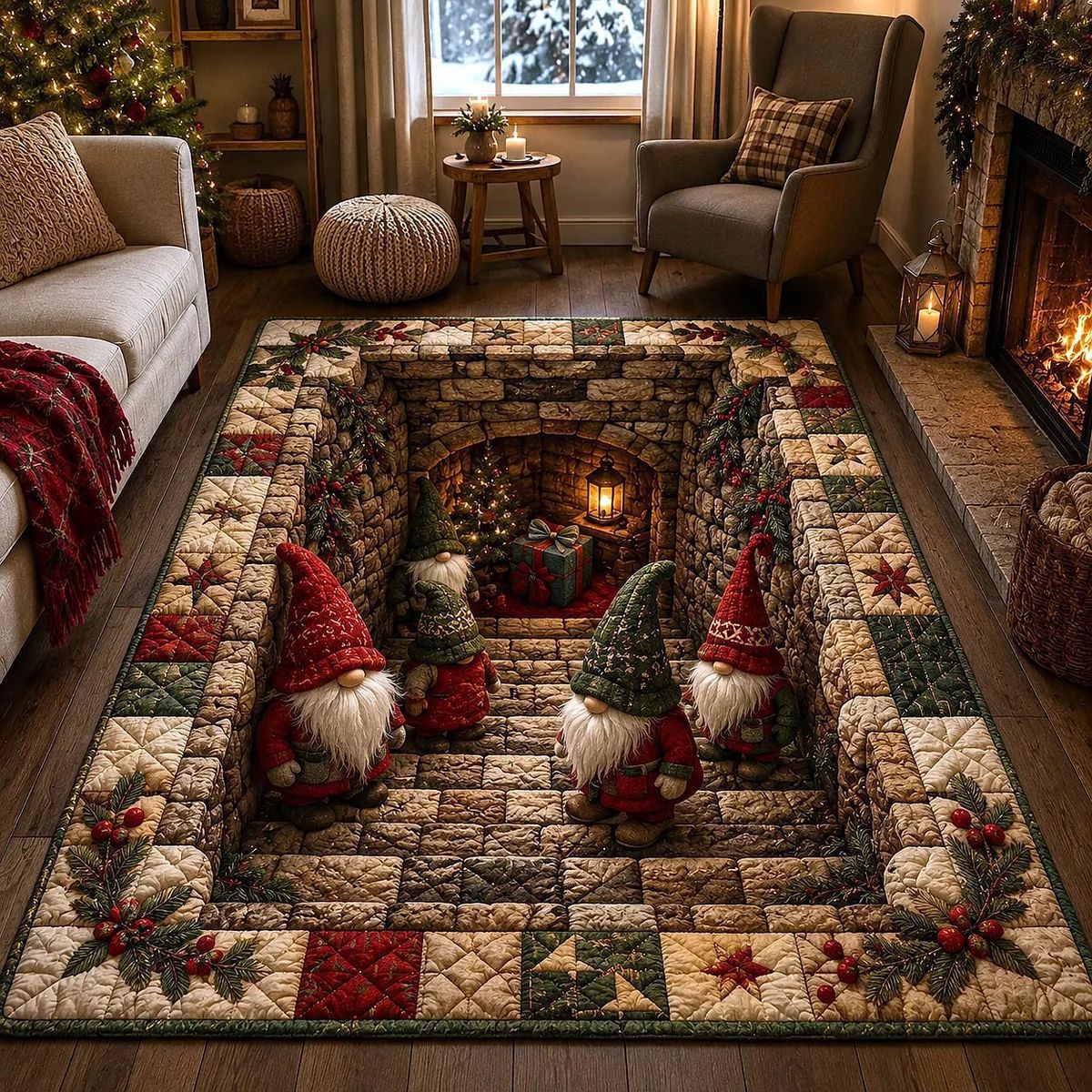 Area Rug Quilted Festive Gnome Design Machine Washable