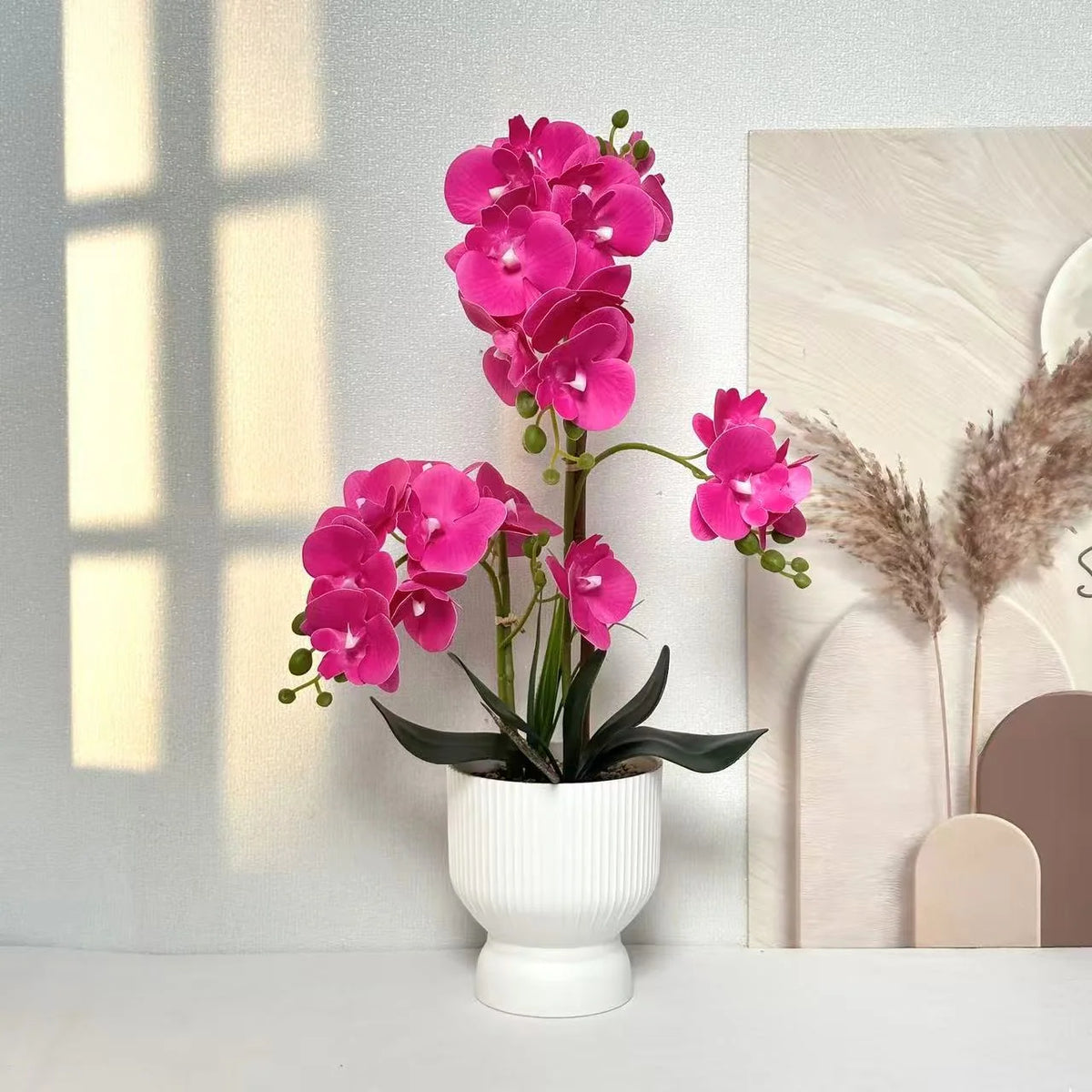 Artificial Orchid Arrangement Lifelike Fluted White Pot