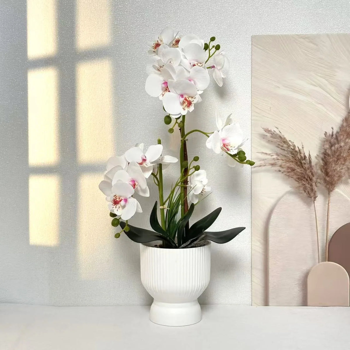 Artificial Orchid Arrangement Lifelike Fluted White Pot