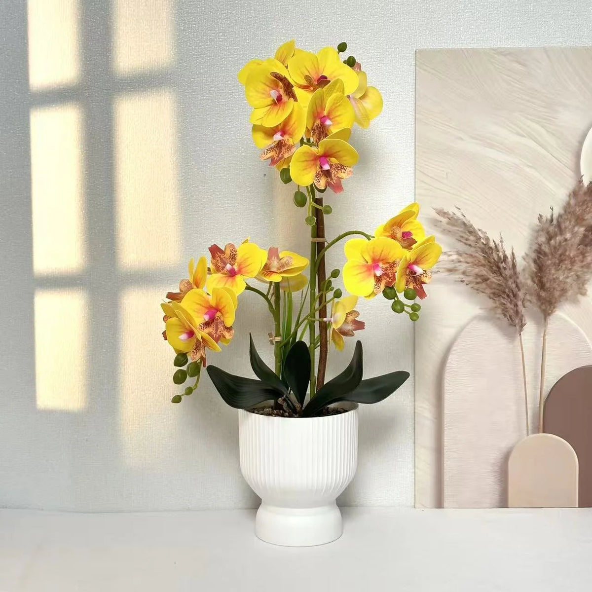 Artificial Orchid Arrangement Lifelike Fluted White Pot