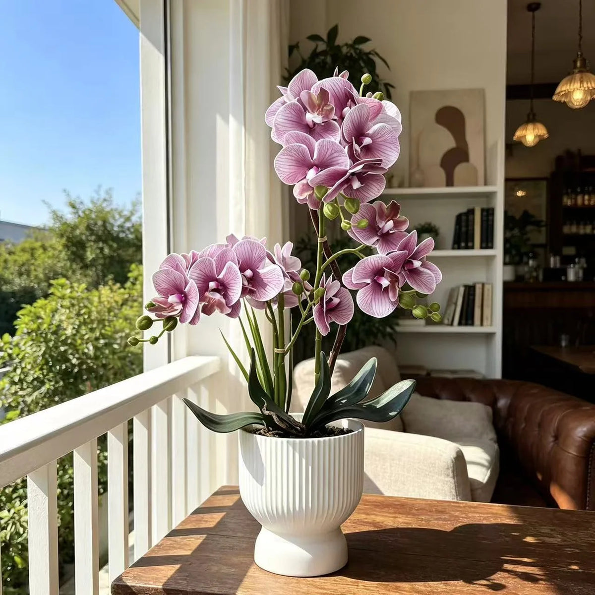 Artificial Orchid Arrangement Lifelike Fluted White Pot