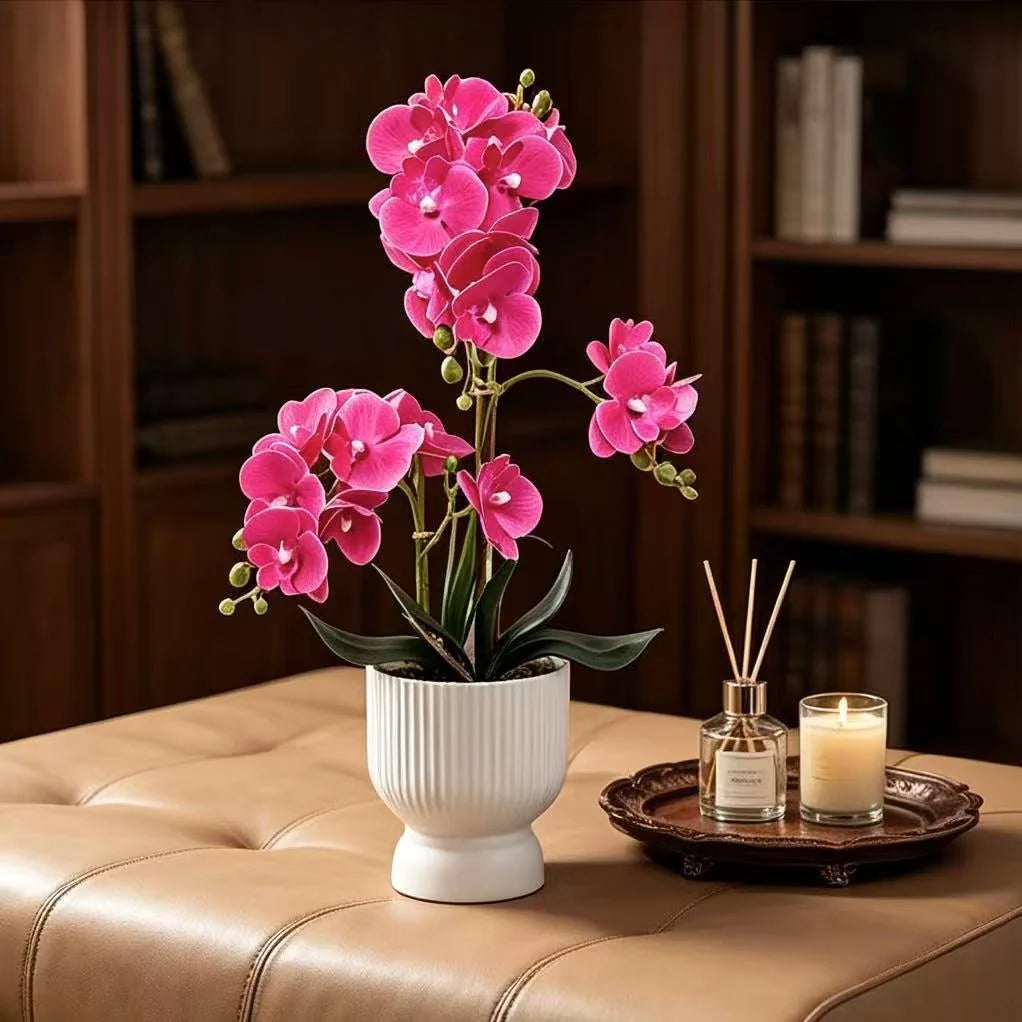 Artificial Orchid Arrangement Lifelike Fluted White Pot