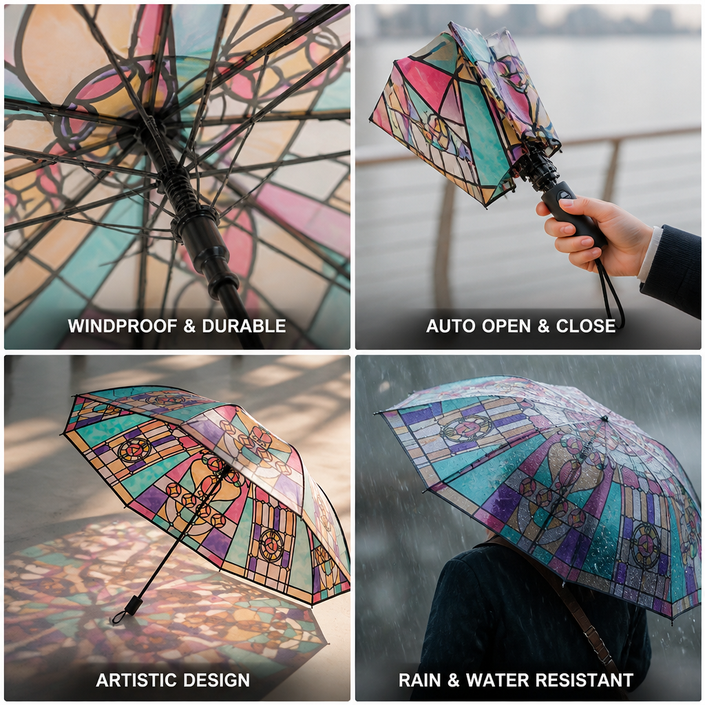 Automatic Windproof Stained-Glass Umbrella