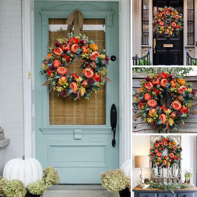 Autumn Wreath Artificial Flowers Mini Pumpkins Eucalyptus