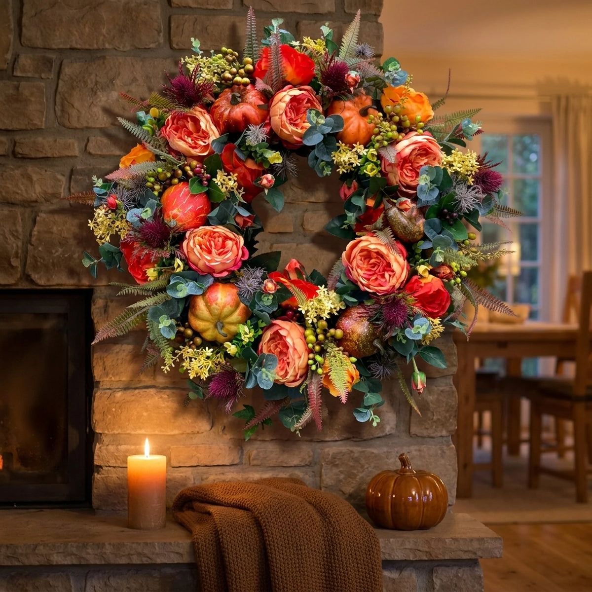 Autumn Wreath Rattan Faux Pumpkin & Leaf Design
